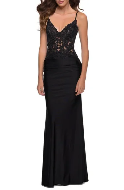 La Femme Sequined Lace Jersey Gown With Sheer Bodice In Black