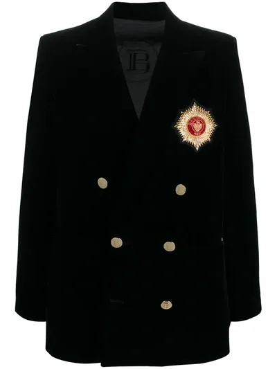 Balmain Logo Patch Double-breasted Blazer In Black