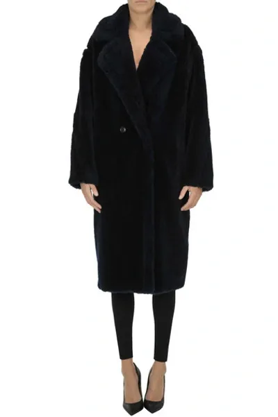 Yves Salomon Eco-fur Coat In Navy Blue