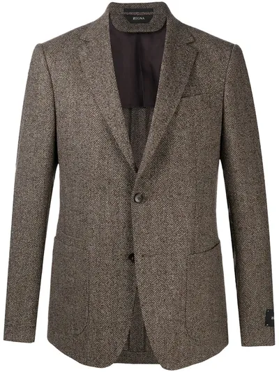 Z Zegna Single Breasted Herringbone Jacket In Brown