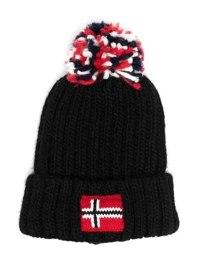 Napapijri Kids' Ribbed-knit Pompom Beanie In Black