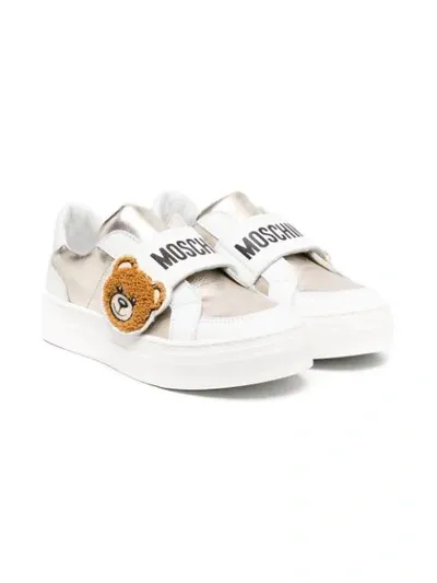 Moschino Kids' Metallic Logo-print Sneakers In White