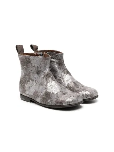 Pèpè Kids' Metallic Flower Print Ankle Boots In Silver