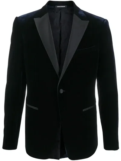 Emporio Armani Velvet Single-breasted Blazer In Blue