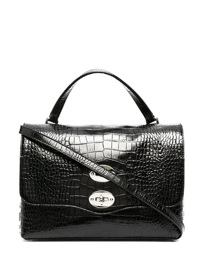 Zanellato Postina Crocodile Embossed Shoulder Bag In Black