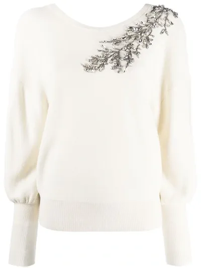 Ba&sh Scoop Neck Floral-embellished Jumper In Neutrals