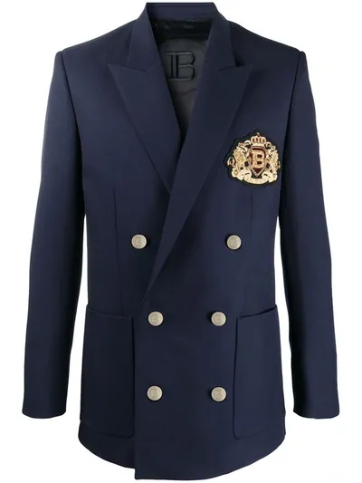 Balmain Logo Patch Double-breasted Blazer In Blue