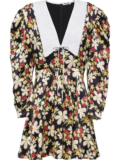 Miu Miu Mini Dress With Floreal Print And Collar In Black