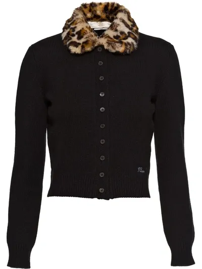 Miu Miu Leopard-print Collar Cashmere Cardigan In Black