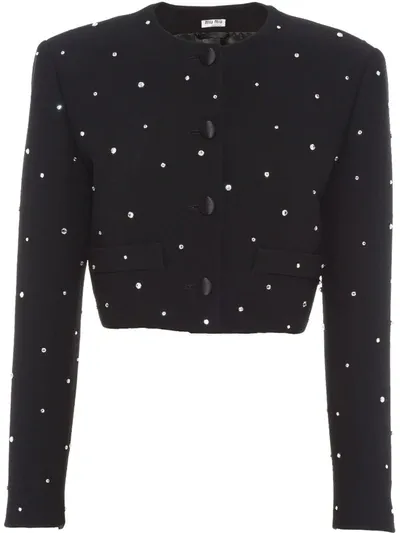 Miu Miu Crystal-embellished Cropped Jacket In Black