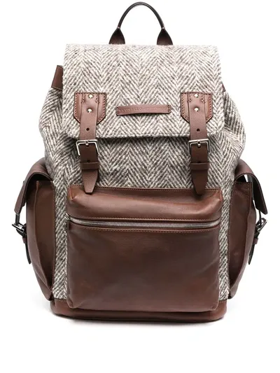 Brunello Cucinelli Herringbone Panelled Backpack In Brown