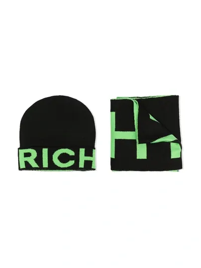 John Richmond Junior Kids' Intarsia-knit Logo Hat And Scarf Set In Black