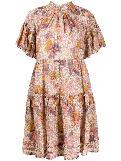 Ulla Johnson Floral Print Ruffle Trim Dress In Neutrals