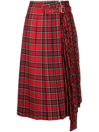 Comme Des Garçons Tartan Pleat-panelled Skirt In Red