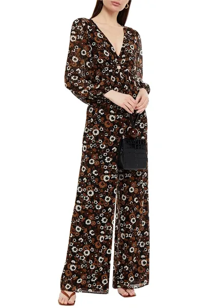 Michael Michael Kors Cutout Ruched Floral-print Georgette Wide-leg Jumpsuit In Brown