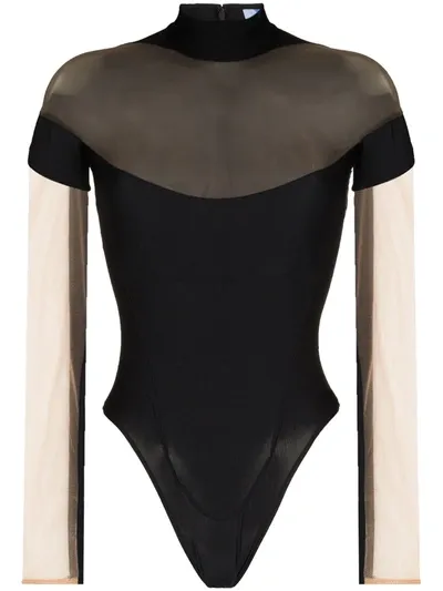 Mugler Tulle-paneled Stretch-jersey Thong Bodysuit In Black