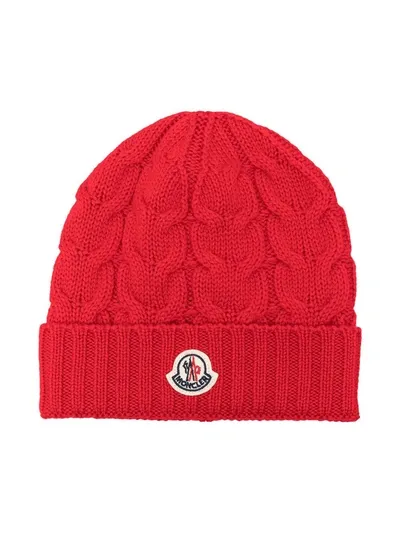 Moncler Cable Knit Beanie Hat In Red