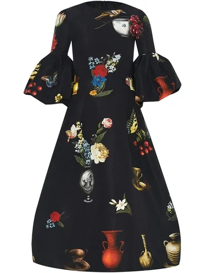 Oscar De La Renta Chiaroscuro-print Bell-sleeve Dress In Black