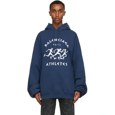 Balenciaga Marathon-print Cotton-jersey Hooded Sweatshirt In Blue