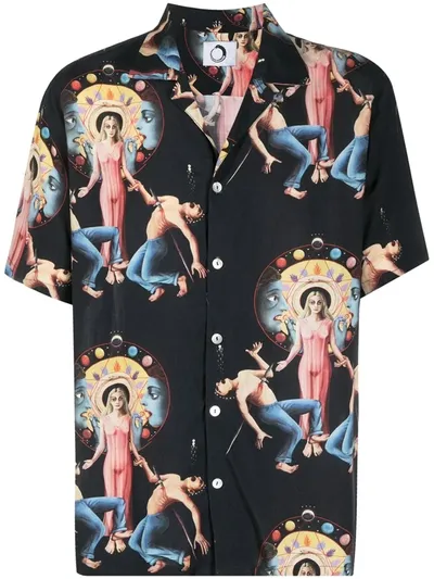 Endless Joy Graphic Print Spread Collar Shirt In Black