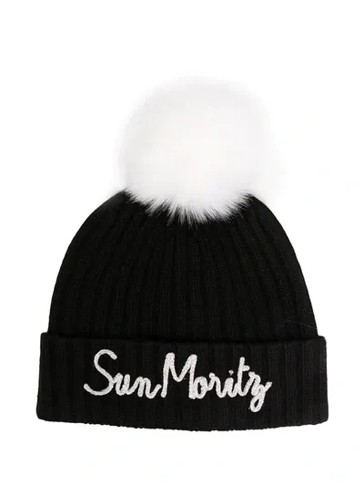 Mc2 Saint Barth Pompom Ribbed-knit Beanie In Black