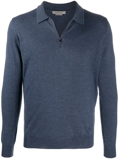 Corneliani Fine Knit Sweater With Shirt Zip Fastening In Blue