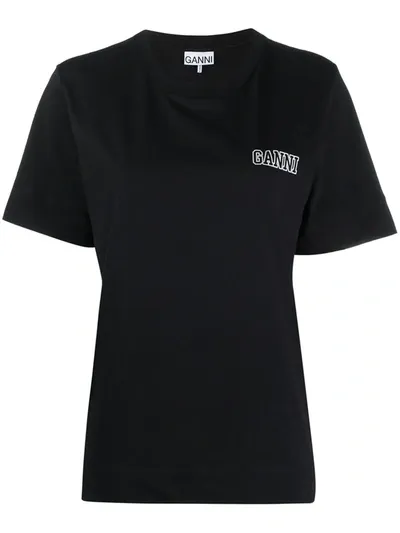 Ganni Logo-embroidered Recycled T-shirt In Black