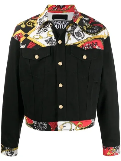 Versace Jeans Couture Printed Button-up Denim Jacket In Black