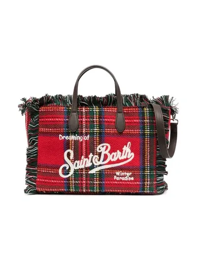 Mc2 Saint Barth Tartan-print Fringed Tote Bag In Red