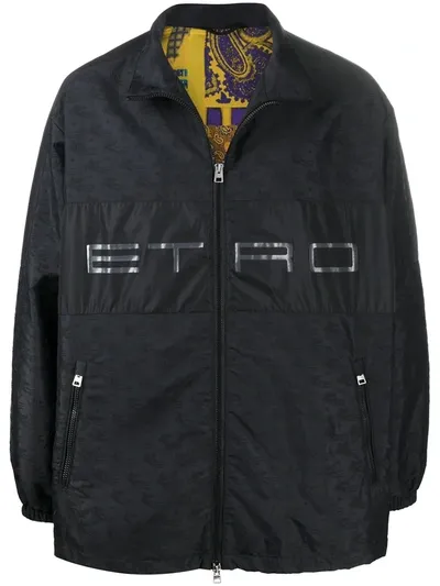 Etro Pegaso Embroidery Zip-up Windbreaker In Black