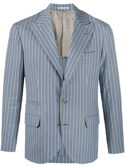 Brunello Cucinelli Striped Single-breasted Linen Blazer In Blue