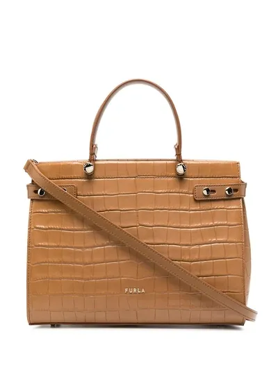 Furla Crocodile Embossed Tote Bag In Brown