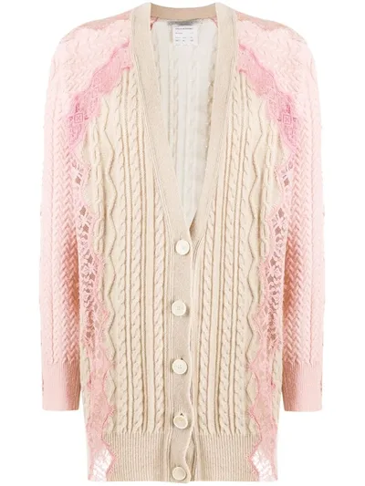 Stella Mccartney Effortless Lace-trimmed Cable-knit Wool Cardigan In Beige