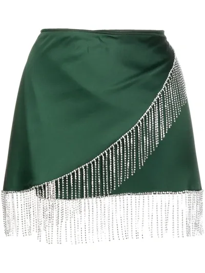 Oseree Crystal-fringed Satin Wrap Skirt In Green