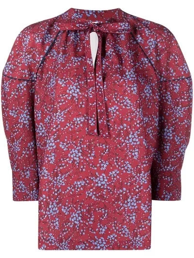 See By Chloé Floral Sweetheart Tie Neck Crepe Blouse In Red