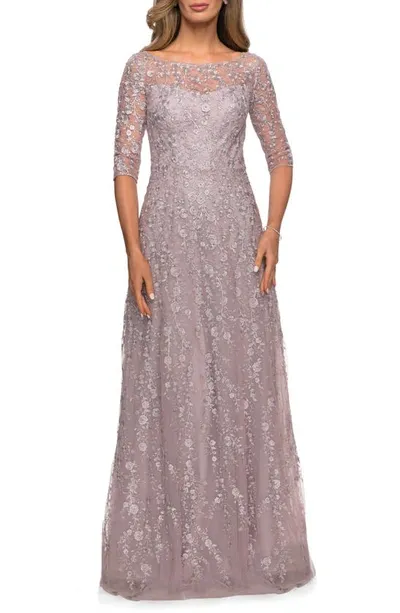 La Femme 3/4-sleeve Floral Lace A-line Gown In Lavender/gray