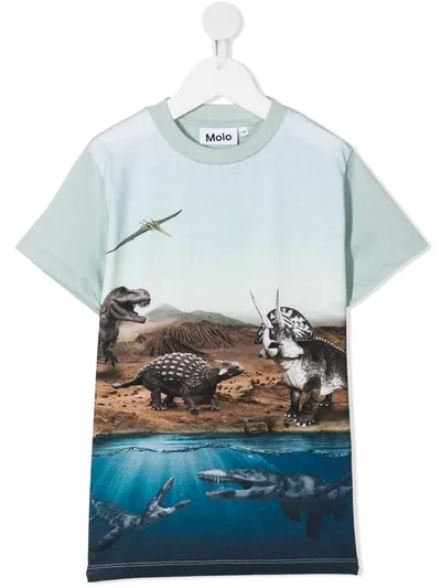 Molo Kids' Dino World-print Organic Cotton T-shirt In Blue