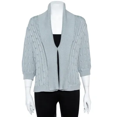 Pre-owned Ralph Lauren Pale Blue Cotton Cable Knit Shawl Lapel Cardigan L