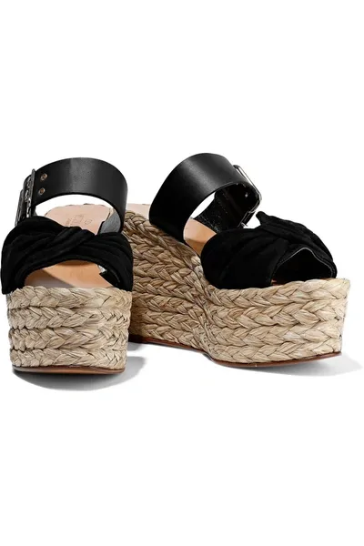 Valentino Garavani Bow-embellished Leather And Suede Platform Espadrille Mules In Black