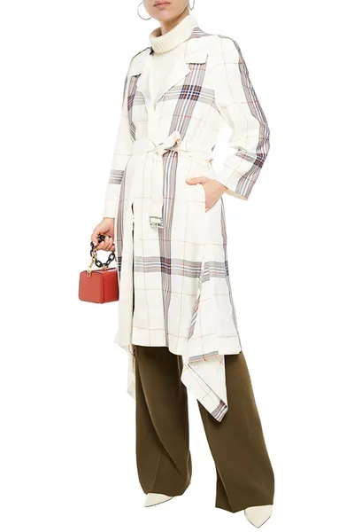 Roland Mouret Belted Checked Gabardine Trench Coat In White