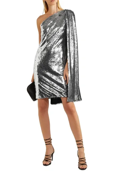 Stella Mccartney One-shoulder Draped Sequined Crepe De Chine Mini Dress In Silver