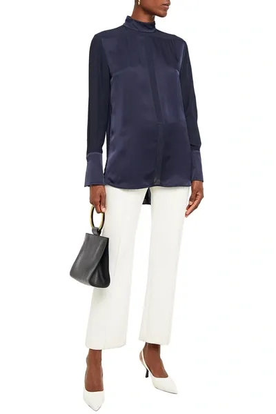 Victoria Victoria Beckham Paneled Satin And Mousseline Blouse In Blue