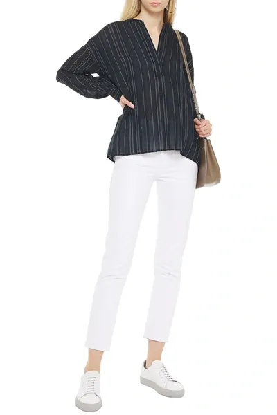 Vince Gathered Striped Gauze Top In Blue