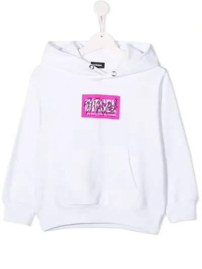 Diesel Teen Braves Embroidery Cotton Hoodie In White