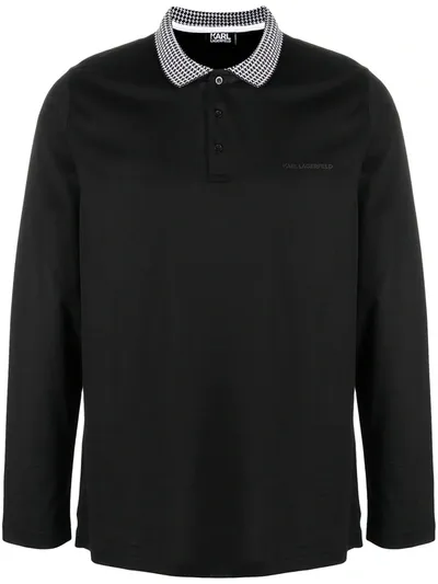 Karl Lagerfeld Houndstooth Collar Polo Shirt In Black