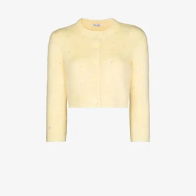 Miu Miu Diamante Embroidered Mohair-blend Cardigan In Yellow