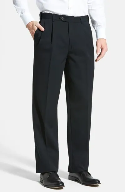 Berle Self Sizer Waist Pleated Classic Fit Wool Gabardine Dress Pants In Black