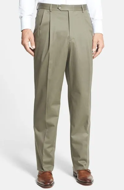 Berle Pleated Classic Fit Cotton Dress Pants In Olive