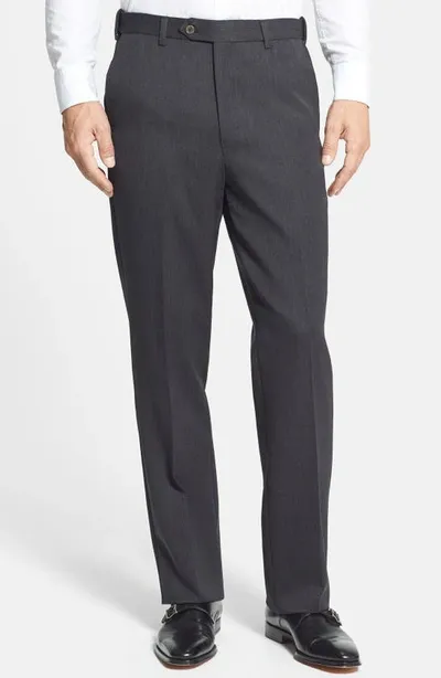 Berle Self Sizer Waist Flat Front Classic Fit Wool Gabardine Trousers In Charcoal