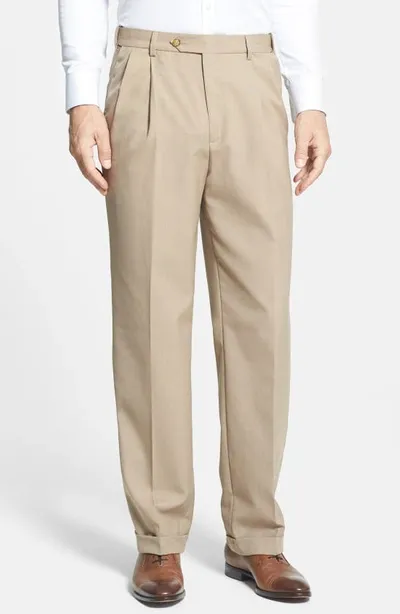 Berle Self Sizer Waist Plain Weave Flat Front Washable Trousers In Tan